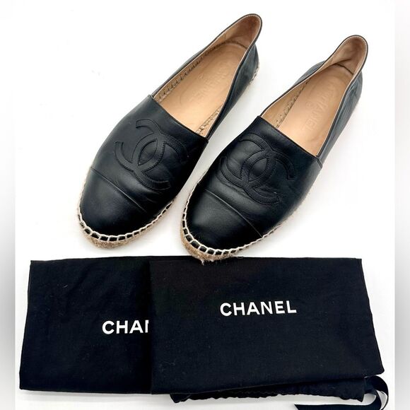 Chanel CC Lambskin Leather Espadrilles Cap Toe Black Slip On Flats EU 39 US8-8.5 - Picture 1 of 8